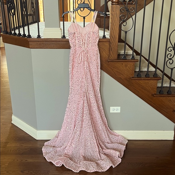 Sparkly sequin mermaid Elegant Pink Prom Dress long slit corset evening gown - Picture 4 of 5